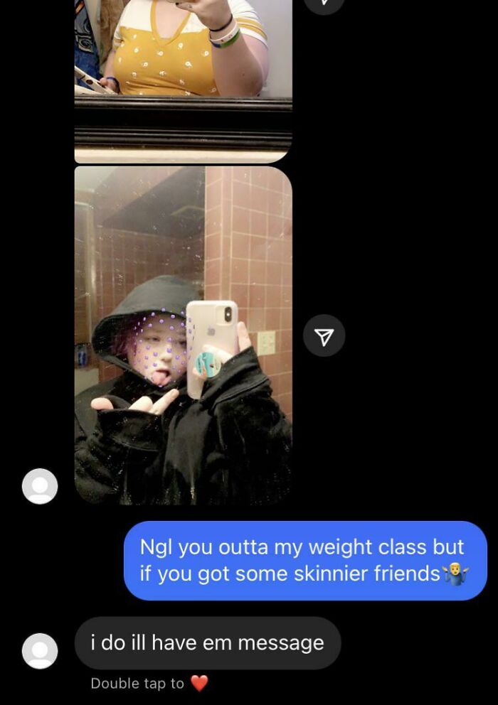 A screenshot of a text message exchange demonstrating fragile masculinity, where a man comments on a woman's weight.