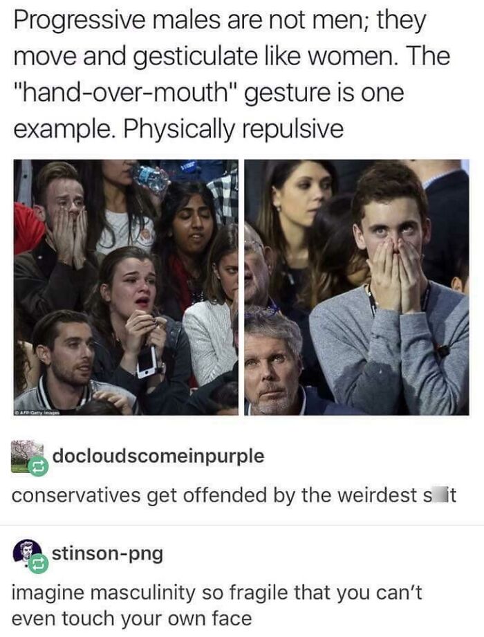 A split image of men demonstrating hand-over-mouth gestures, highlighting fragile masculinity.