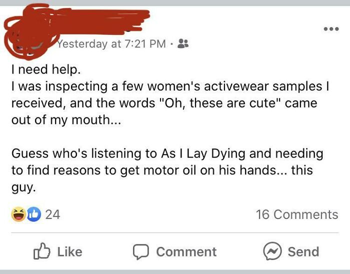 A social media post where a man expresses needing to act masculine after calling women's activewear cute, showing toxic masculinity.