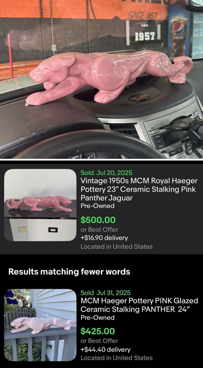 A pink ceramic panther sculpture, similar to items sold for hundreds online, found while dumpster diving.