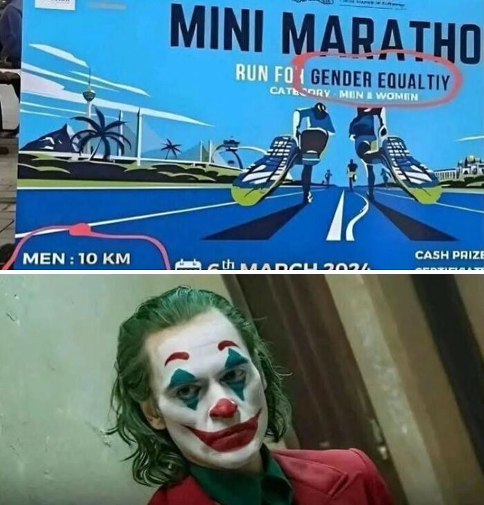 A hilarious meme featuring a Mini Marathon poster with a typo, and the Joker's confused face.