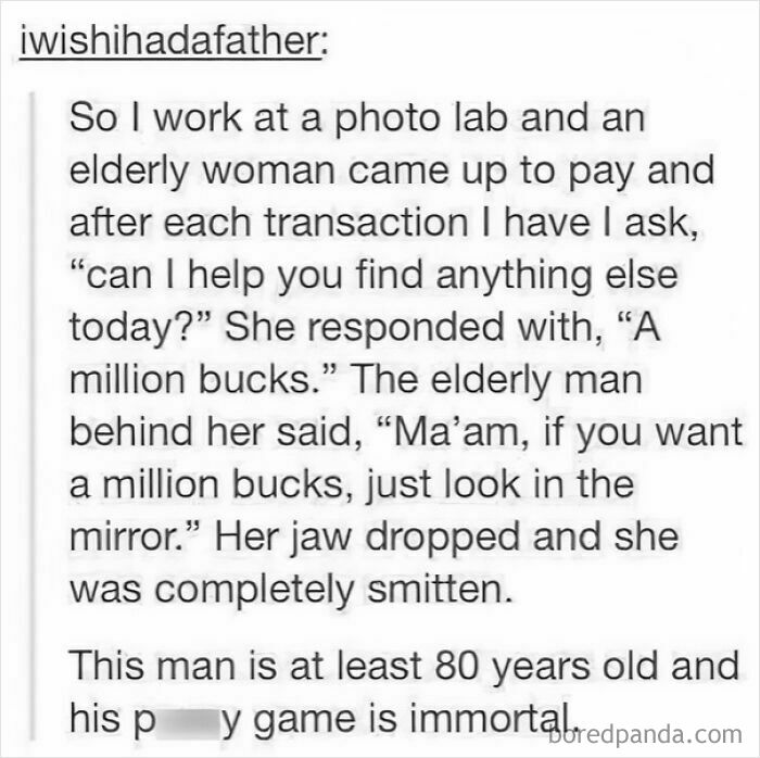 An elderly woman and man in a photo lab, a Mad Lad challenging expectations with a witty response.