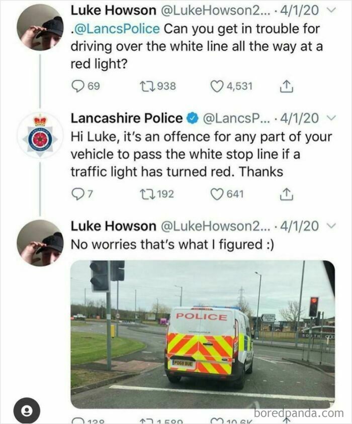 A tweet exchange with Lancashire Police and an image of a police van over a white line, a mad lad's challenge to rules.