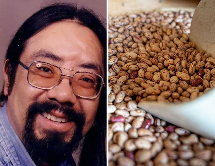A man with glasses and a beard next to a pile of pinto beans, highlighting bizarre accidents.