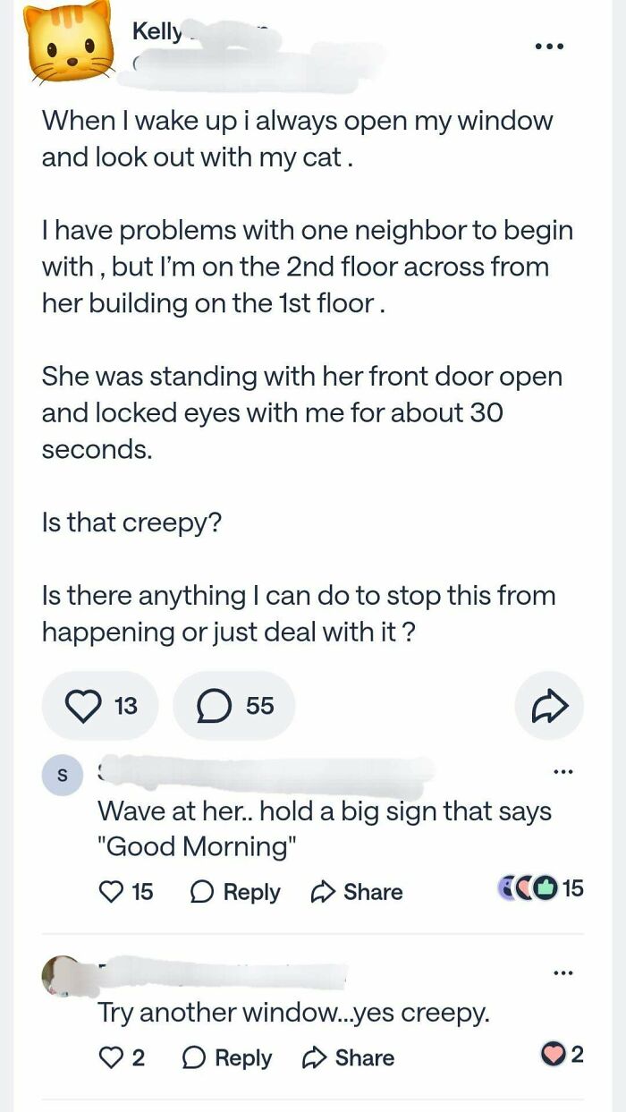 A screenshot from a neighborhood online community about a neighbor staring, asking for advice.