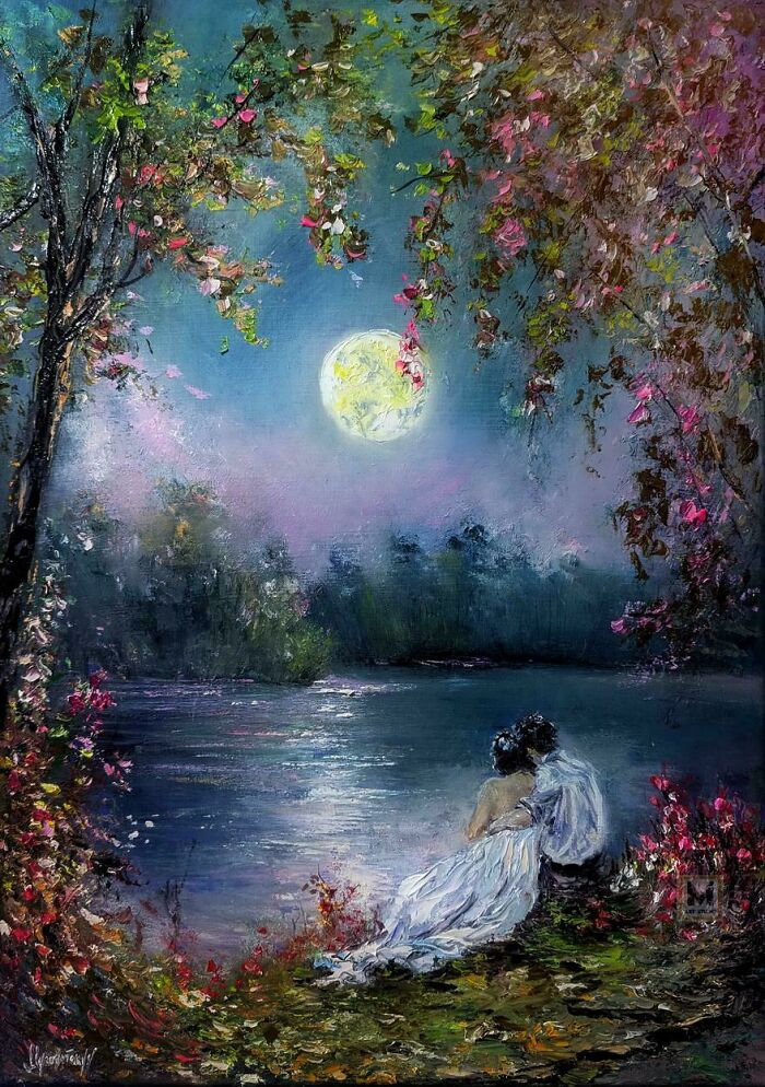 An artistic handmade painting of a couple by a lake under a full moon, with blooming trees, reflecting talent.