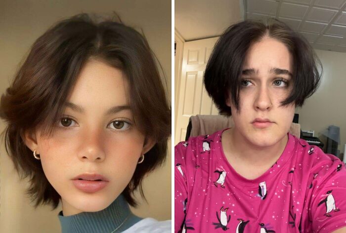 A split image showing a desired hair style on the left and a hair salon disaster on the right, highlighting hair disasters.