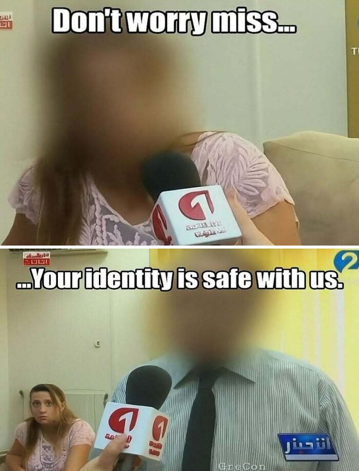 Hilarious memes: an interviewer promising identity safety while the interviewee's face is blurred, in a crazy world.