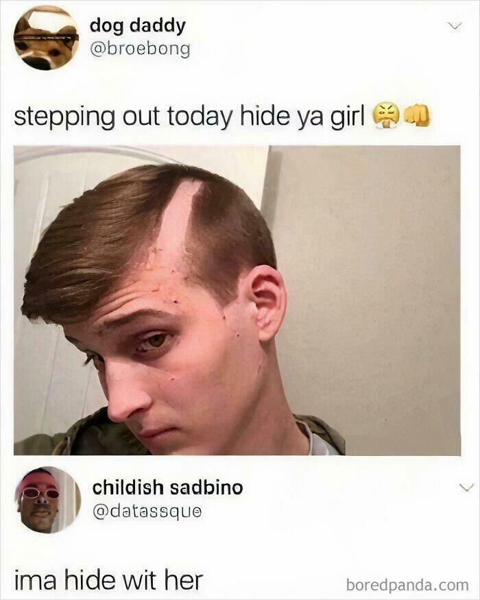 Young man with unfortunate haircuts, displaying a large, clean-shaven stripe on the side of his head.