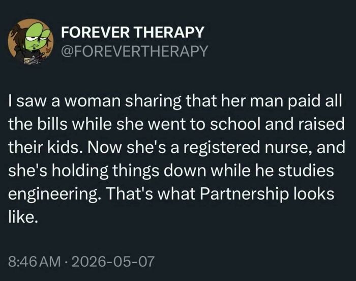 A Forever Therapy post about a couple sharing responsibilities to support each other's education, showcasing their love and partnership.