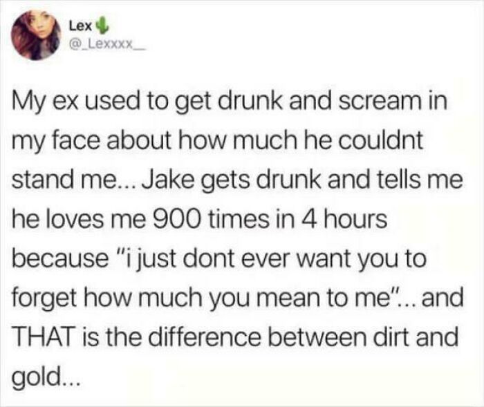 A tweet by Lex comparing a past relationship to a current one, emphasizing true love and sweet posts.