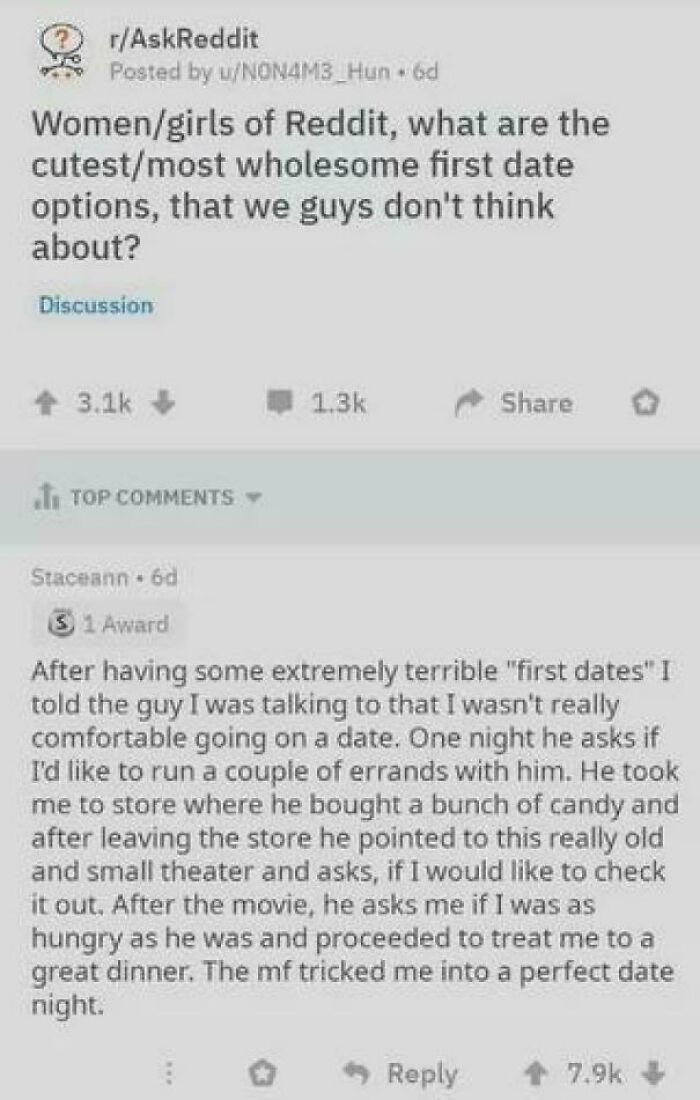 A Reddit post with comments discussing wholesome first date options, revealing sweet love stories.