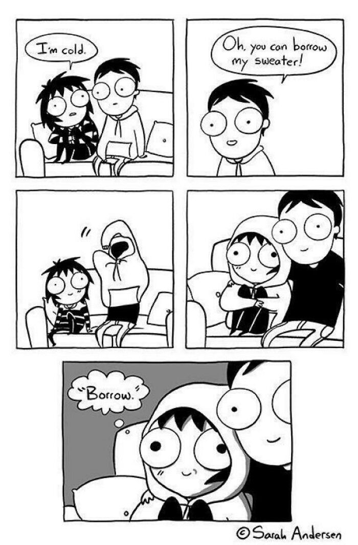 Funny comic about a man lending his sweater to his girlfriend, illustrating a sweet post from an online community.