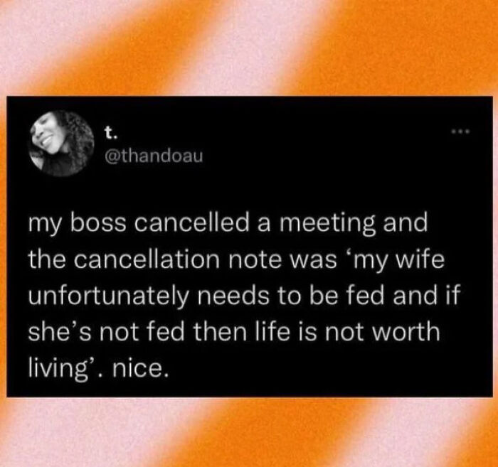A tweet from @thandoau about a boss cancelling a meeting with a note about feeding his wife, a sweet post about love.