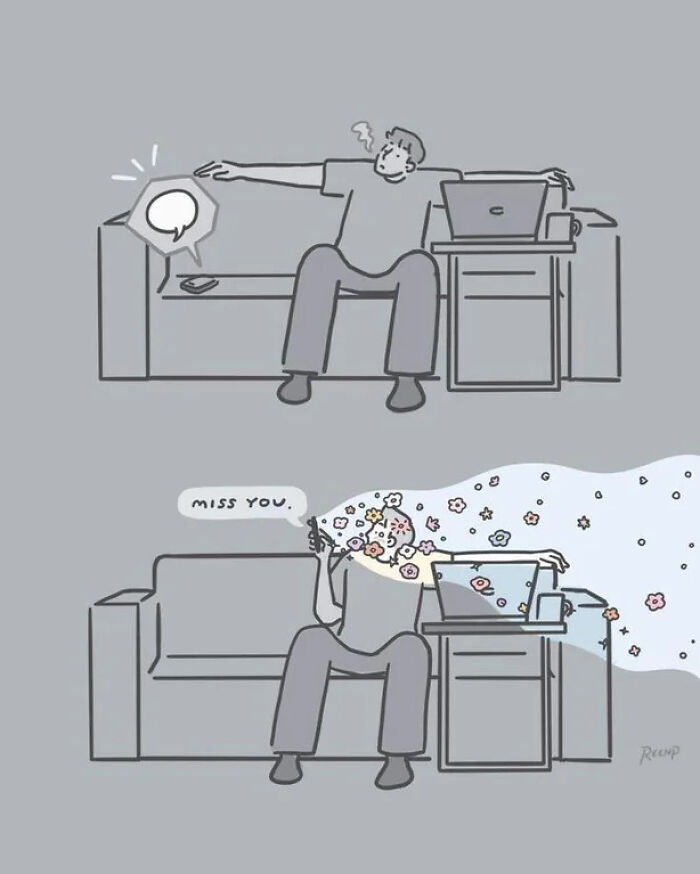 An illustration from an online community showing how a simple miss you text brings love and flowers to life.