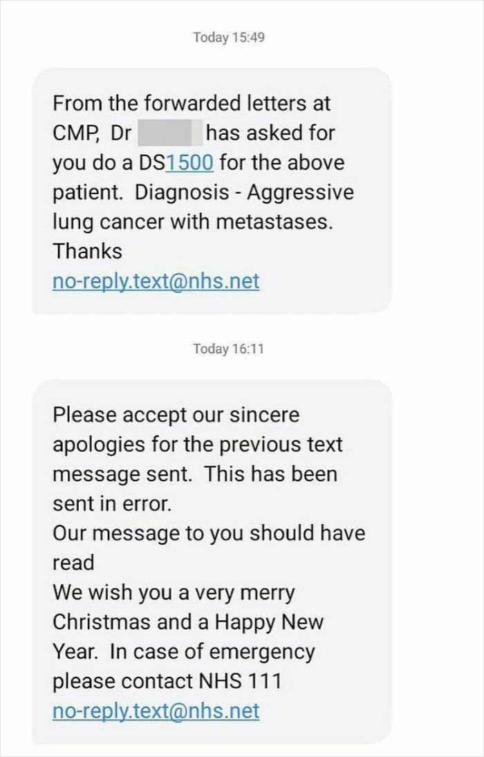A text message showing a serious medical diagnosis, followed by an apology, a funny and awkward communication fail.