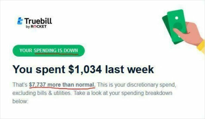 A Truebill app notification displaying a funny and awkward spending fail of $7,737 more than normal.