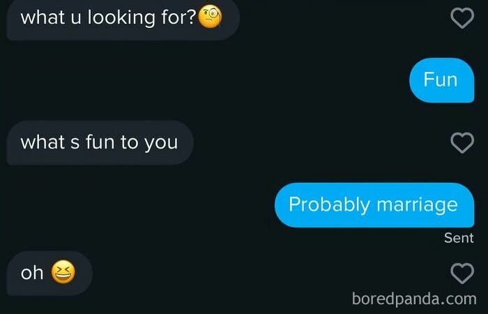 A screenshot from a dating app showing a humorous exchange about what someone is looking for, ending with marriage.
