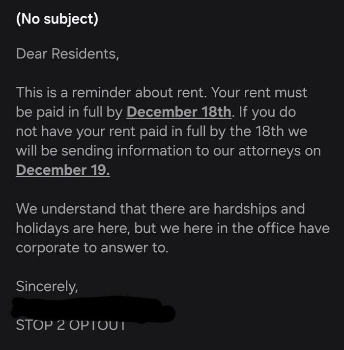 Email from horrible landlords demanding rent by Dec 18th or facing attorneys on Dec 19th. Tenant's life miserable.