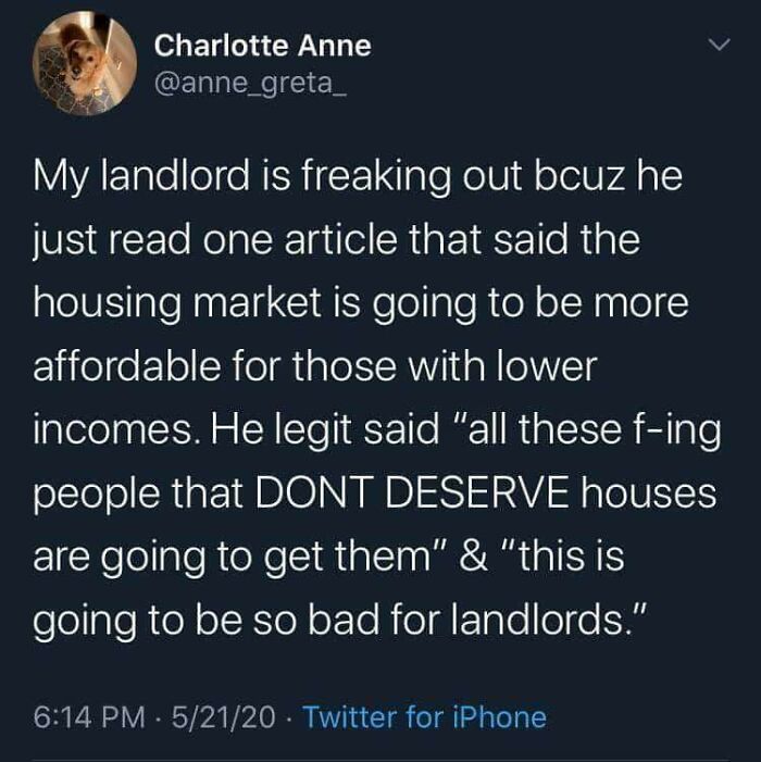 A tweet from Charlotte Anne about her horrible landlord upset over the housing market becoming more affordable.