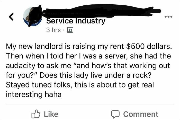 A social media post about a horrible landlord raising rent by $500 for a tenant in the service industry.