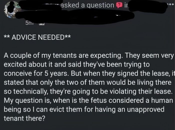 A social media post asking for advice from a landlord considering evicting expecting tenants.