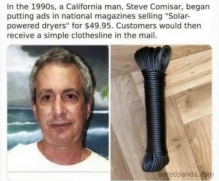 A split image shows a Mad Lad, Steve Comisar, and a coiled clothesline, illustrating his 'solar-powered dryer' scam.