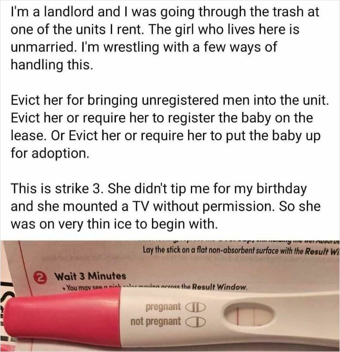 A screenshot of a text detailing a horrible landlord's intentions to evict a tenant for various personal reasons, including a pregnancy test.