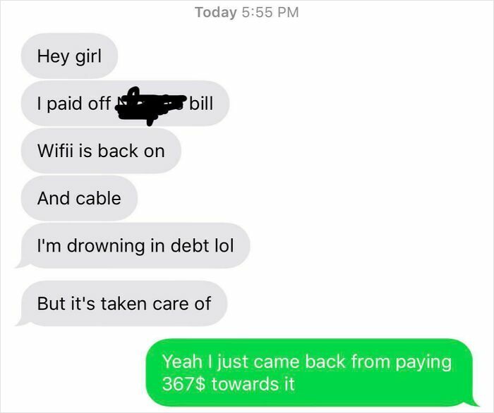 A text message conversation showing a landlord complaining about paying bills, making a tenant's life miserable with financial drama.