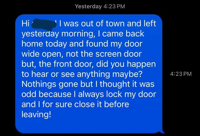 A tenant's message expressing concern about their front door being left wide open, possibly due to a horrible landlord.
