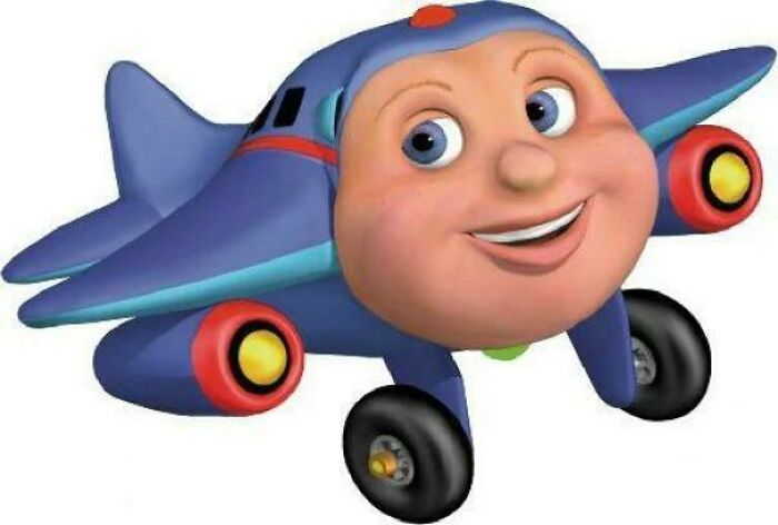 A blue cartoon airplane with a human face, a design that might make some people feel uncomfortable.