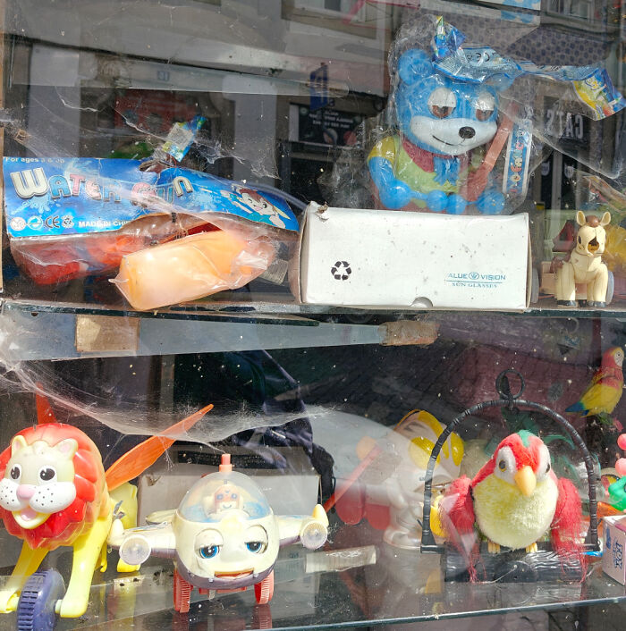 Dusty, cobweb-covered toys in a display case, showing uncomfortable design fails.