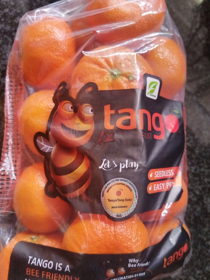 A design fail with Tango fruit packaging featuring a creepy bee mascot making people uncomfortable.