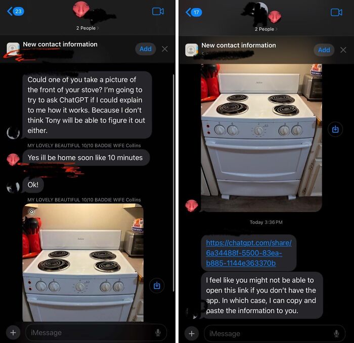 A chat between a tenant and their wife about asking ChatGPT for help with a stove, highlighting horrible landlords.