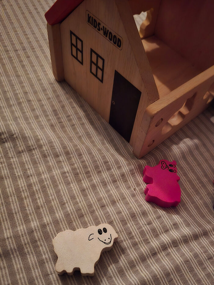 A wooden toy house with a sheep and a pig figure, illustrating a design fail that makes people feel uncomfortable.