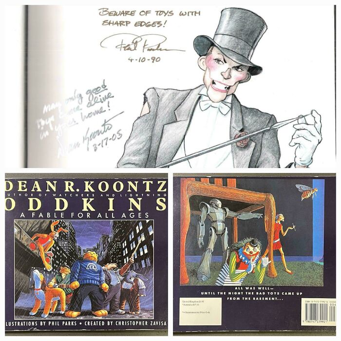 A collage showing a signed cartoon of a man in a top hat with a warning about sharp toys, illustrating a design fail that makes people feel uncomfortable.