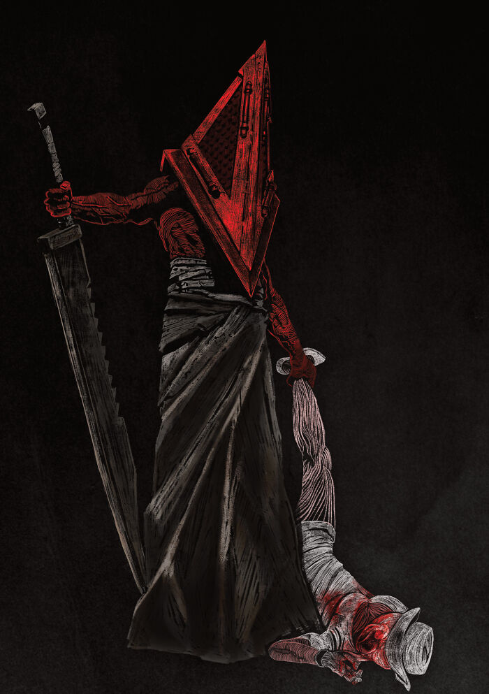An illustration of Pyramid Head from Silent Hill holding a large sword and a severed head, a design fail that makes people feel uncomfortable.
