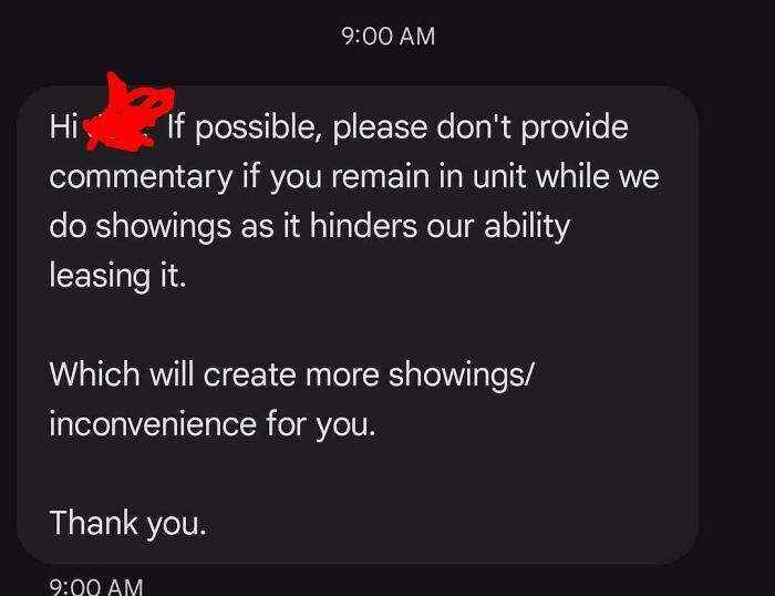 A screenshot of a landlord's message to a tenant, asking them not to comment during unit showings, making tenants' lives miserable.