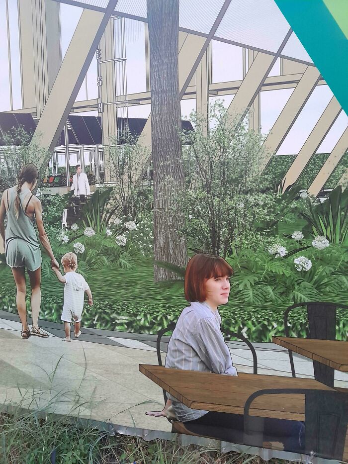 A woman is photoshopped into an architectural rendering of a garden, a design fail making people feel uncomfortable.