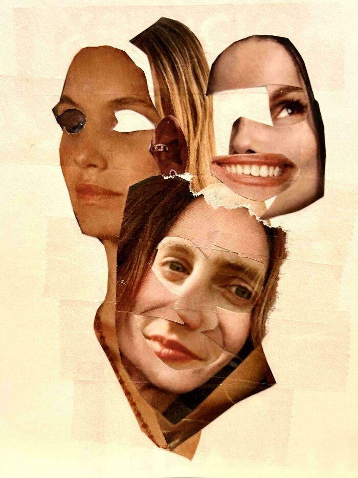 Creepy design fail: a collage of unsettling, disjointed female faces made from magazine cutouts.
