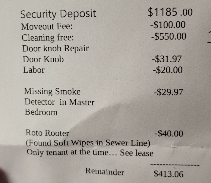 A detailed bill from a horrible landlord showing excessive charges, making a tenant's life miserable with deductions.