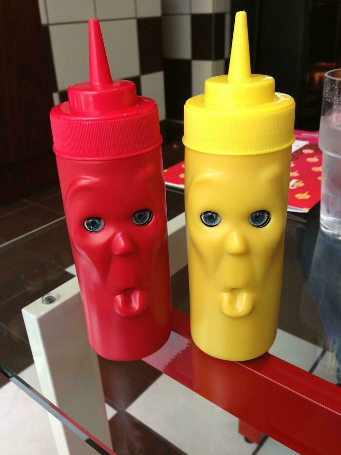 Ketchup and mustard bottles with creepy face designs make people feel uncomfortable.