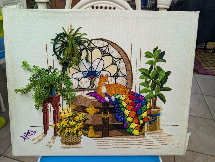 Colorful embroidery projects featuring an orange cat resting on a quilt near potted plants.