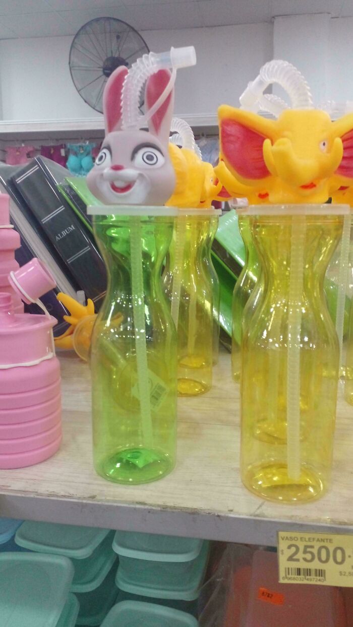 A creepy rabbit design fail on a drinking cup makes people feel uncomfortable.