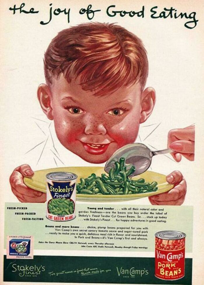 A vintage ad featuring a boy with an unsettling smile eating green beans, a creepy design fail making people uncomfortable.