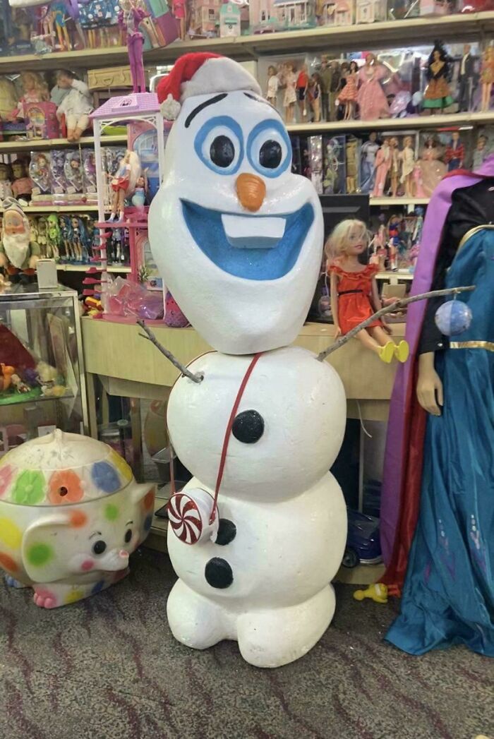 A poorly made Olaf snowman figure as a design fail, with disproportionate features that make people uncomfortable.