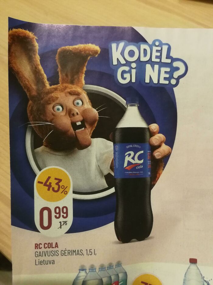 A design fail advertisement for RC Cola, featuring a creepy rabbit character with wide eyes and open mouth.