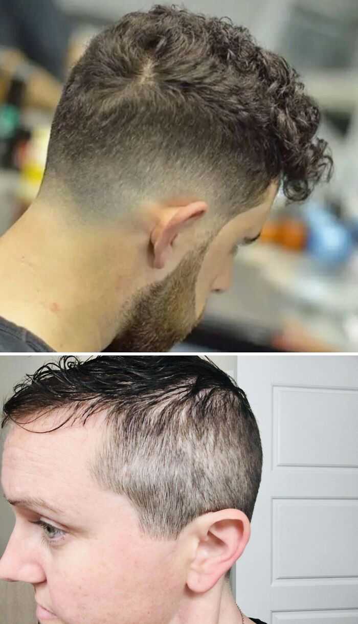 Two images of unfortunate haircuts: a man with a curly top fade and a person with a short, slicked-back style.