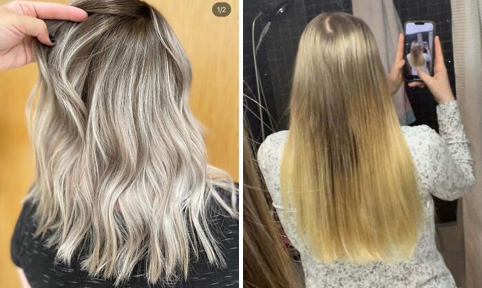 Before and after images of a hair salon disaster; a woman's desired wavy blonde hair vs. a straight, yellow-toned result.