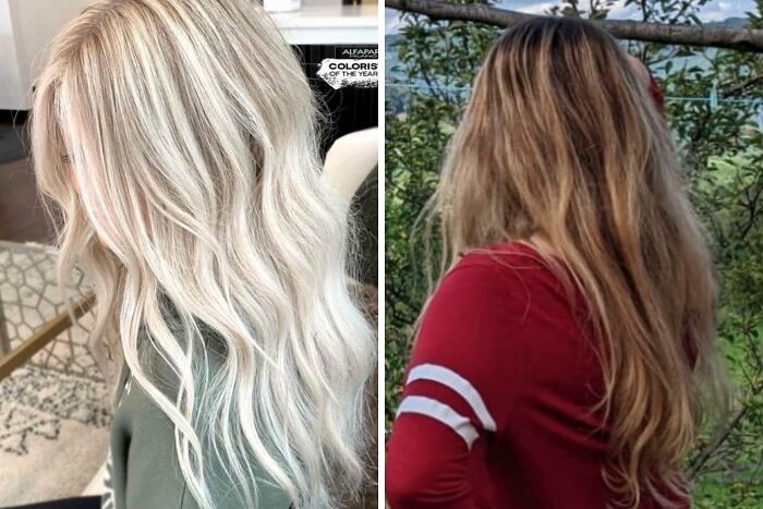 A split image of hair salon disasters: one side with bright blonde, wavy hair and the other with dull, light brown hair.